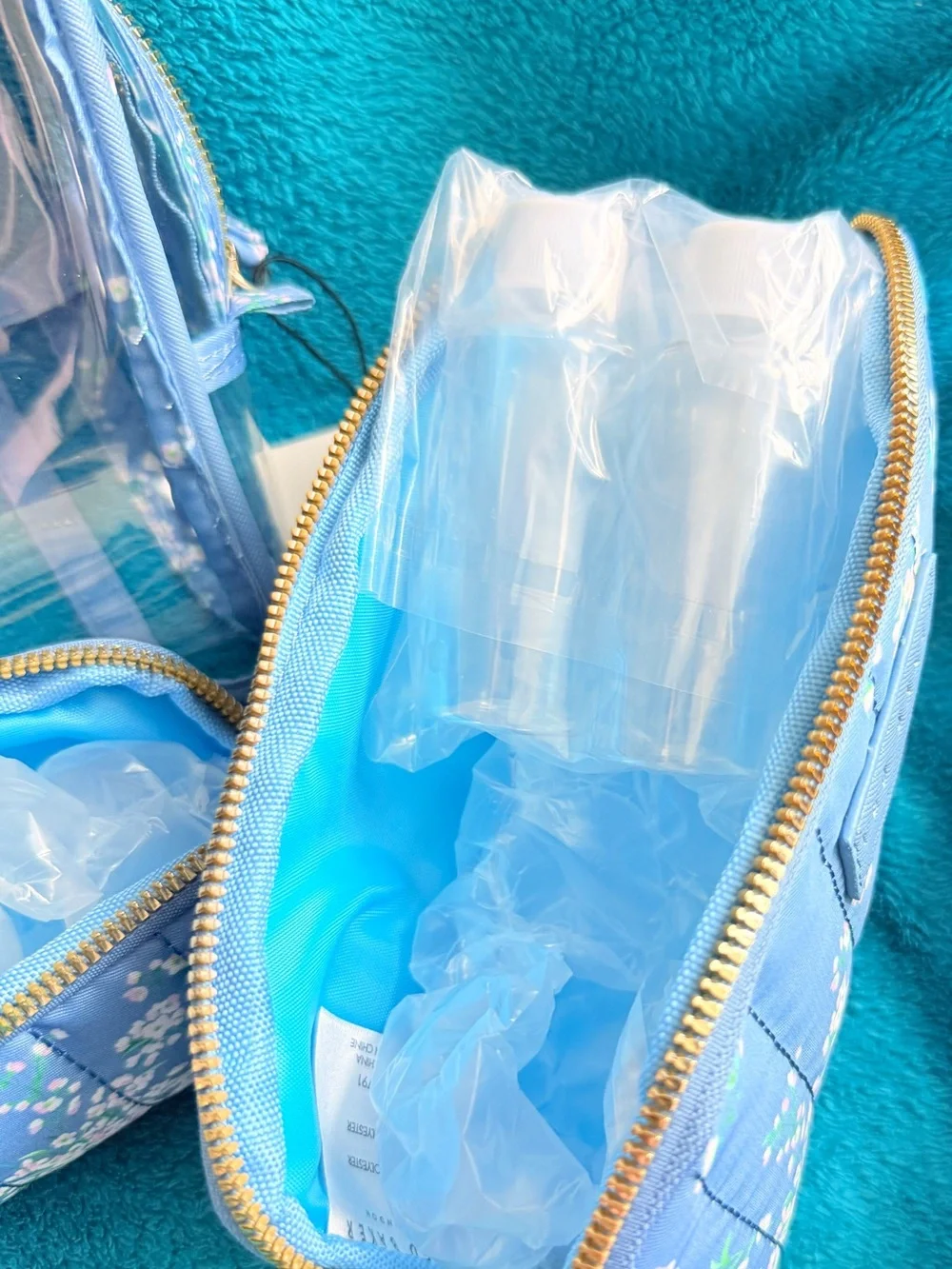 Ted Baker 3 Piece Blue Quilted Floral & Clear Cosmetic Bag Pouches NWT